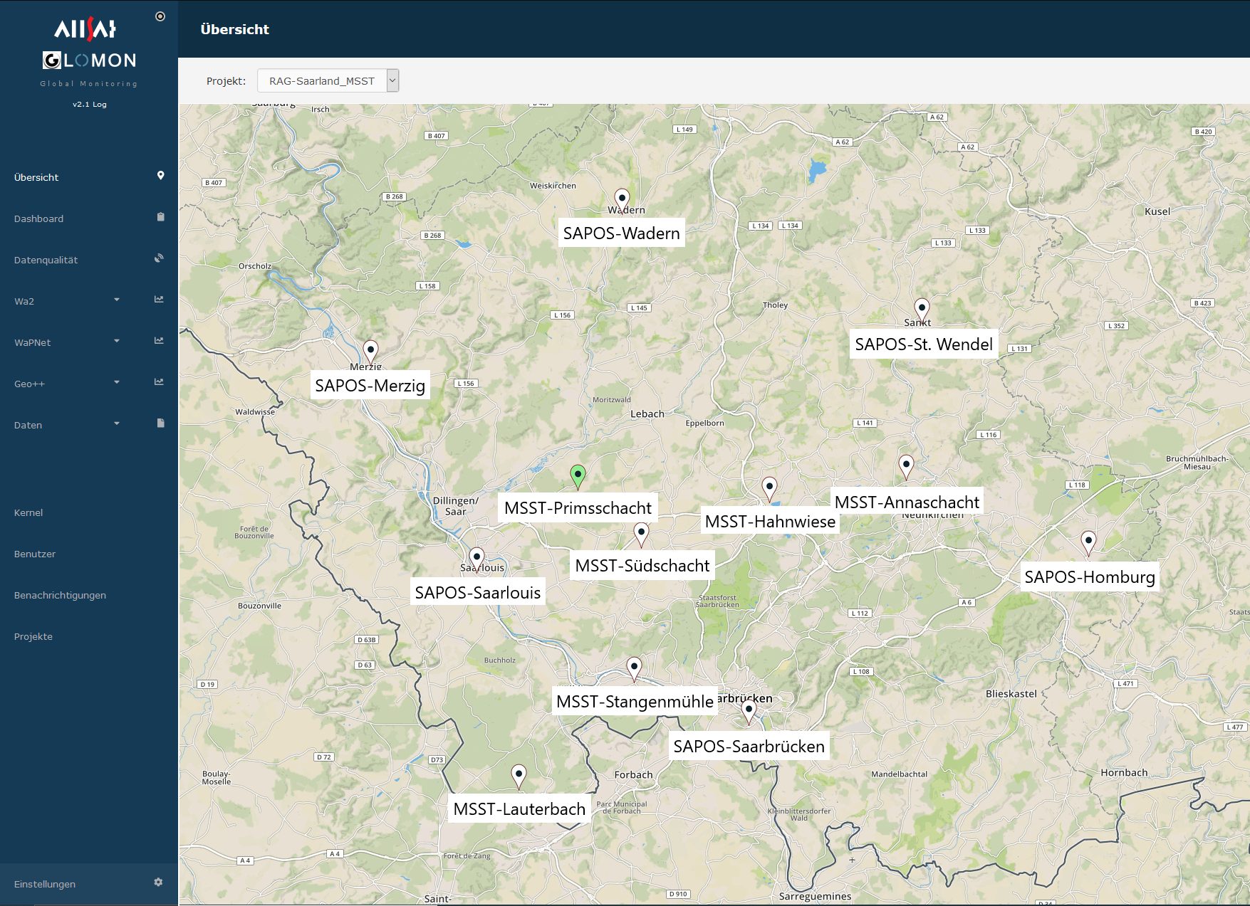 GLOMON-Portal: Übersichtskarte mit SAPOS-Stationen und MSST-Standorten