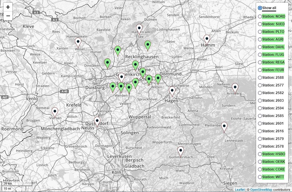 Abb. 2: GNSS-Referenzstationsnetze des RAG-Forschungsprojektes mit elf lokalen Referenzstationen (grün) und neun SAPOS-Stationen (weiß).